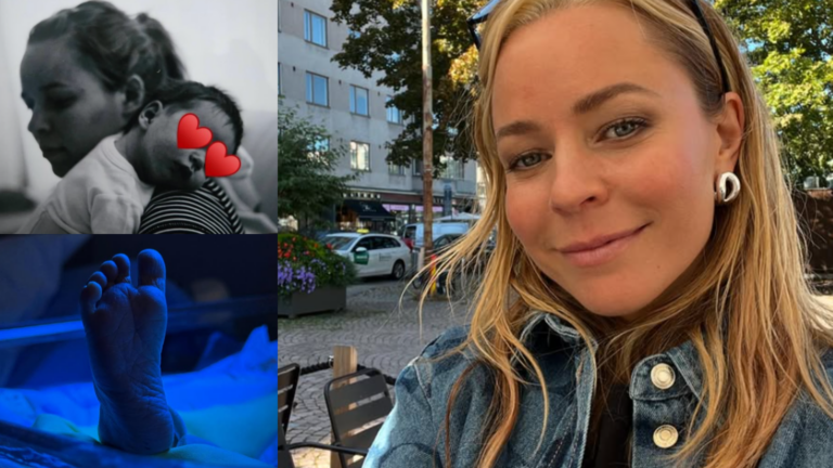 Kuvakollaasi Paula Vesalasta sekä hänen esikoisensa Juliuksen lapsuuskuvasta ja vastasyntyneen kuopuksen jalasta.