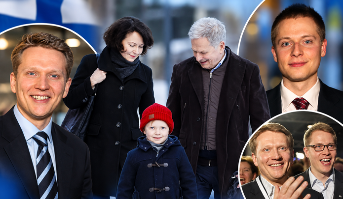 Sauli Niinistön kolme lasta Nuutti, Matias ja Aaro Niinistö kuvakollaasissa yhdessä isänsä ja Jenni Haukion kanssa.
